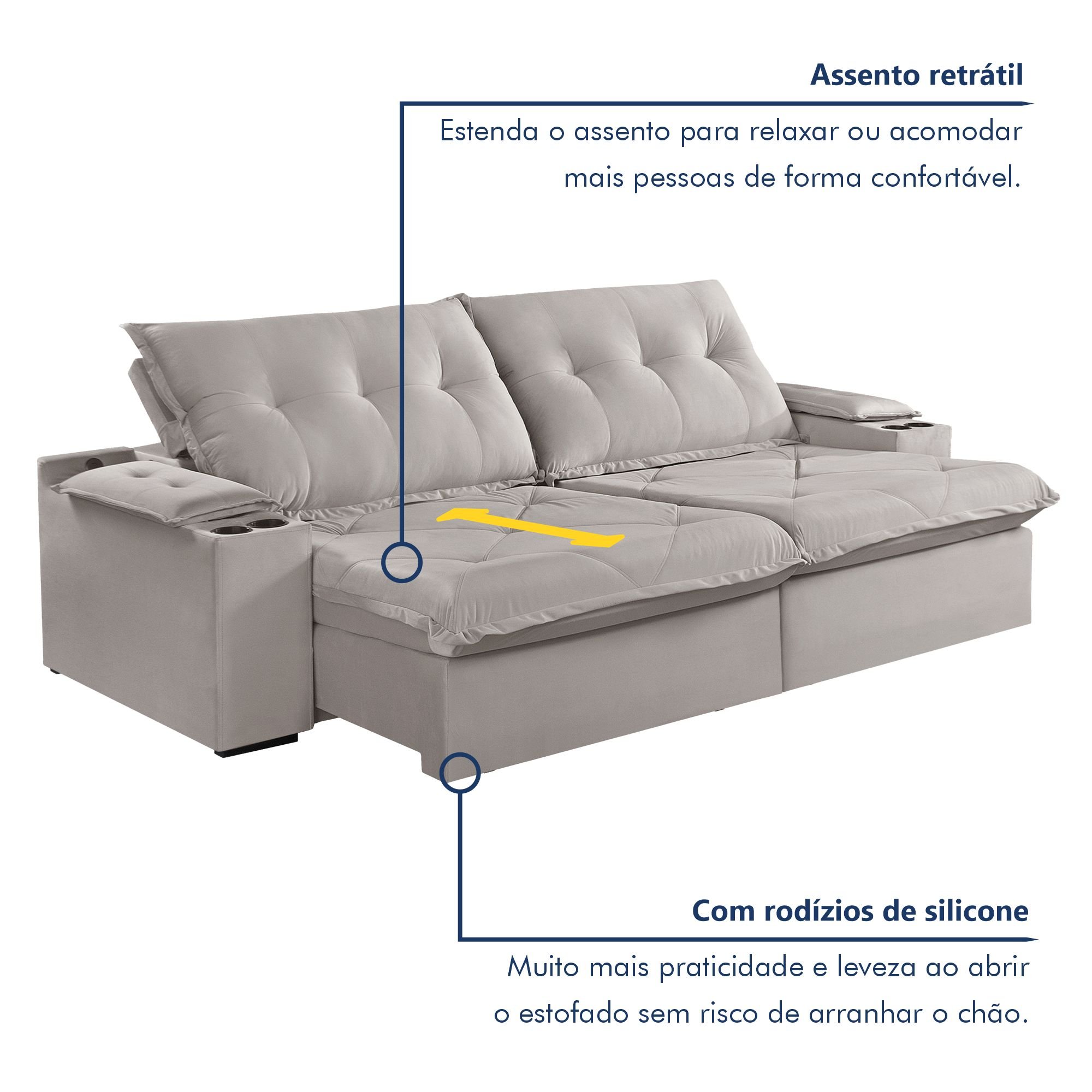 Sofá Retrátil e Reclinável 230cm M163 com Porta Copos Yescasa - 4