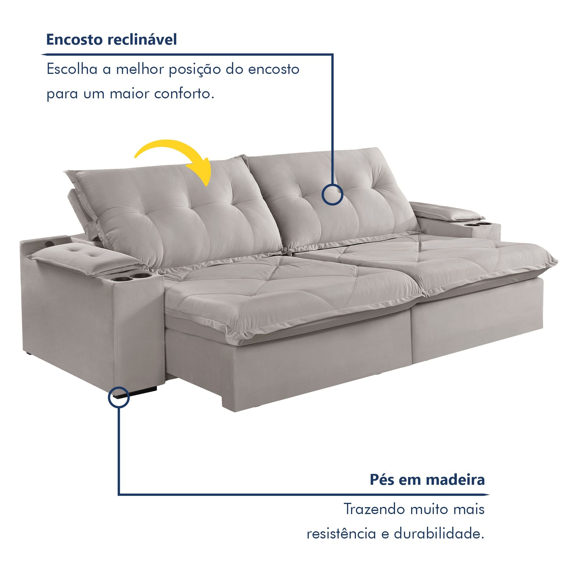 Sofá Retrátil e Reclinável 230cm M163 com Porta Copos Yescasa - 3
