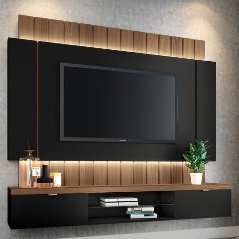 Painel para TV 55 pol Ripado com Bancada Suspensa Luzzi B01 Preto Castanho - Lyam Decor