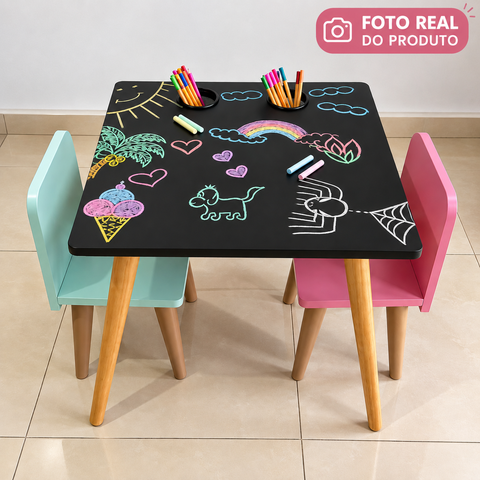 Mesa Infantil Tampo Lousa com 2 Cadeiras para Desenhar e Brincar:Cadeira Rosa e Menta