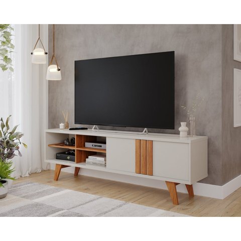 Rack para TV até 60 Polegadas 100% MDF 180cm Pés em Madeira Maciça Linhares Espresso Móveis Branco