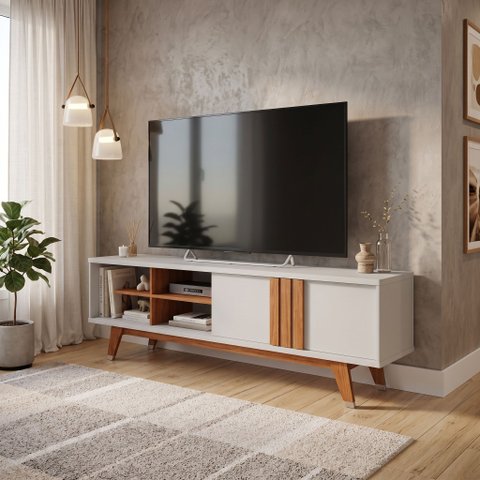 Rack para TV até 60 Polegadas 100% MDF 180cm Pés em Madeira Maciça Linhares Espresso Móveis Branco
