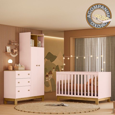 Quarto de Bebê com Berço Slim e Guarda Roupa com Cômoda Flora Rosa Qmovi + Colchão Gazin