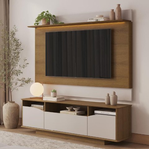 Painel com Rack 100% em MDF Enseada - Jequitibá/Palha