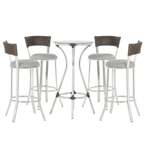 Jogo de Mesa Bistrô com Tampo de Vidro Redondo 4 Banquetas em Alumínio e Fibra Sintética Argila