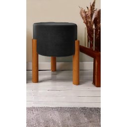 Puff Decorativo Redondo Pés Madeira Maciça Suede Preto - 4