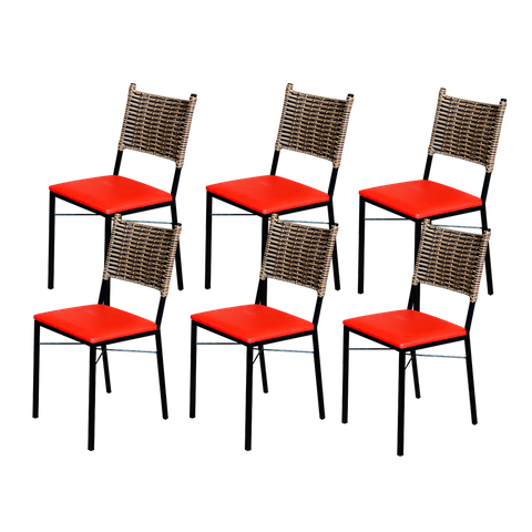 Kit 6 Cadeiras Para Cozinha Preta Ratan Cappuccino Assento Estofado - Vermelho