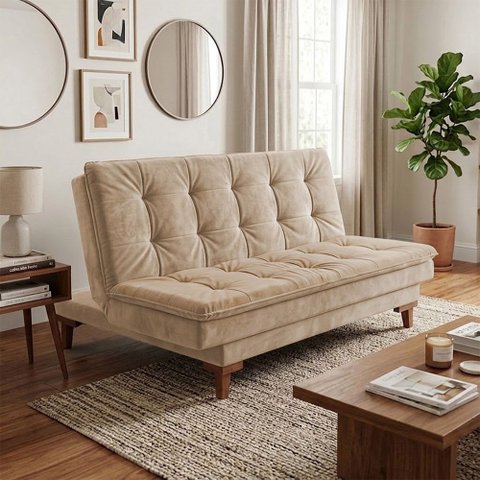 Sofá-Cama Bangkok Design Moderno 1.90m Retrátil e Reclinável para Sala e Quarto Bege
