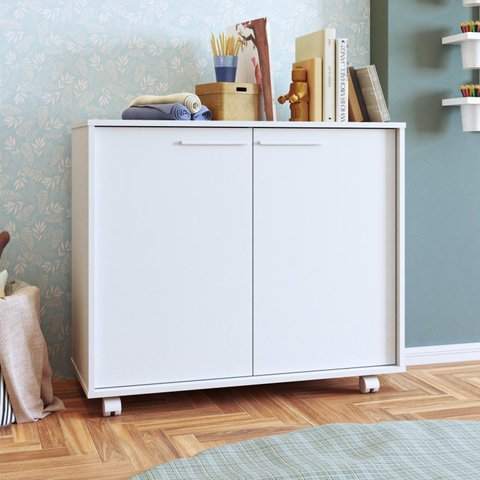 Balcão Infantil 2 Portas 1 Prateleiras 4 Pés Rodízio Casatema MadeiraOriginals Branco