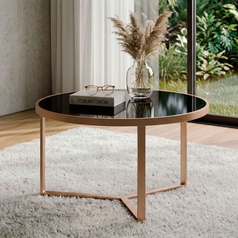 Mesa de Centro Sala Recepecao Sala Consultorio Redonda Habone Champanhe Vidro Preto