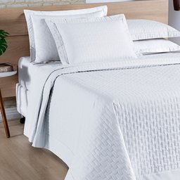 Cobre Leito King 3 Peças Madri Percal Algodão Colcha Babado Matelado Geométrico 200 Fios Branco - 2