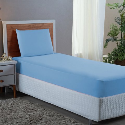 Conjunto Lençol Cama Solteiro 2 Peças 400 Fios com Elástico e Fronha Toque Macio:azul Piscina