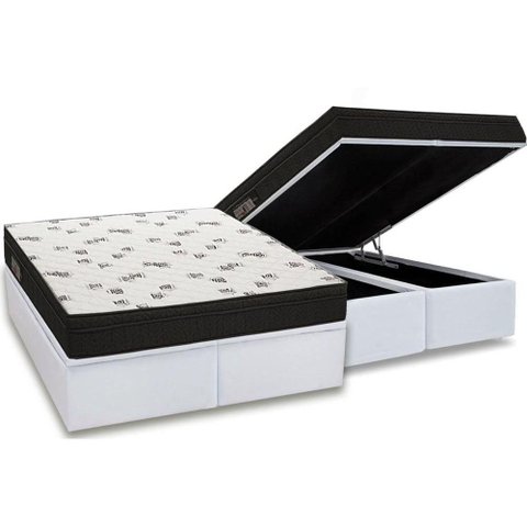 Cama Box Baú Queen: Colchão Espuma Ortobom D45 Light Saúde OrtoPillow + Base CRC Courano White(158x1