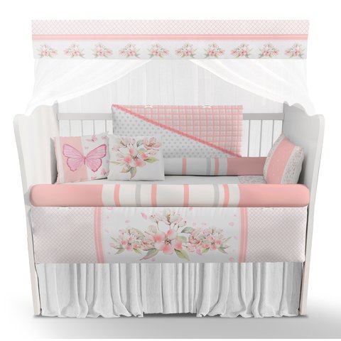 Kit Berço Enxoval de Bebê Floral Jardim Rosa Menina