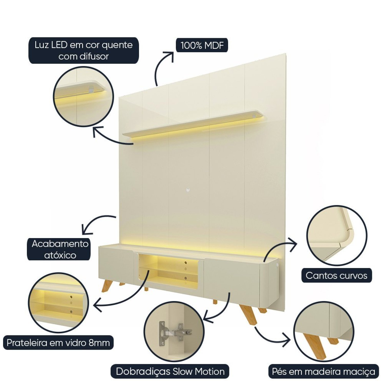 Rack com Painel para TV até 85 Polegadas 2 Portas com LED com Pés Madeira 240cm Splendore Yescasa - 5