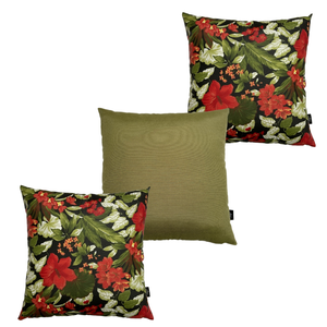 Kit 3 Almofadas Impermeável Antimofo Antiácaro Flor Hibisco Vermelha Verde Oliva Externa 45cmx45cm