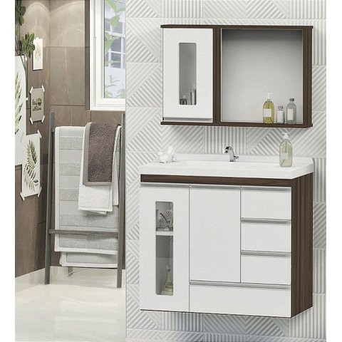 Kit Gabinete Banheiro Mdf 80cm com Cuba e Espelheira Premium:rustico/branco