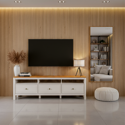 Conjunto de Sala 2 Peças com Rack e 1 Espelho Ananda CabeCasa MadeiraOriginals Branco Off White/Mel