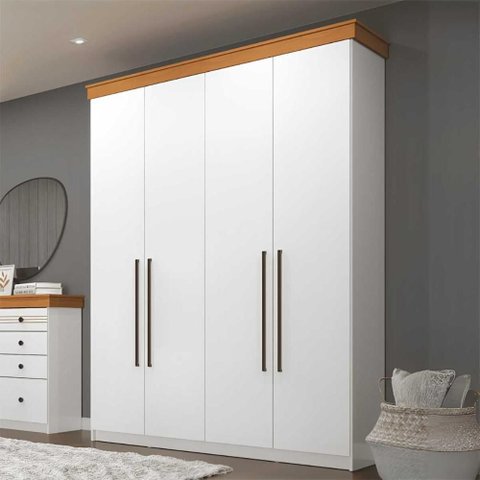 Guarda Roupa Solteiro 1,52m C/ 4 Portas e 2 Gavetas 100% Mdf Cor:branco Brilho com Freijó