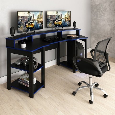 Conjunto 2 Peças com Mesa Gamer ME4167 com Cadeira de Escritório Diretor Tela Mesh Preto Azul