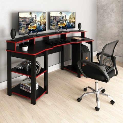 Conjunto 2 Peças com Mesa Gamer ME4167 com Cadeira de Escritório Diretor Tela Mesh Preto Vermelho