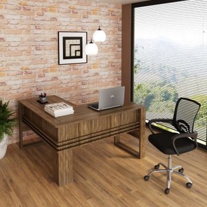 Kit 2 Peças com Escrivaninha em L com Cadeira de Escritório Diretor Tela Mesh