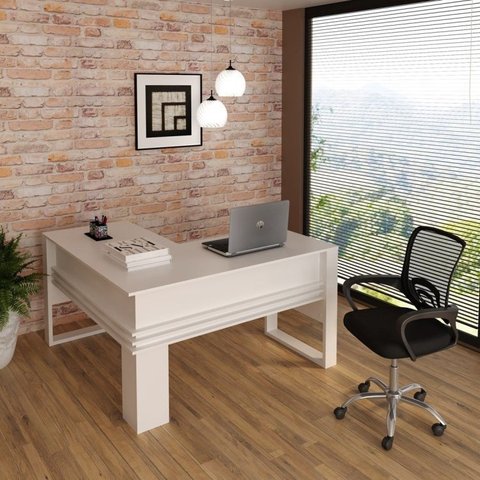 Conjunto 2 Peças com Escrivaninha em L com Cadeira de Escritório Diretor Tela Mesh Branco