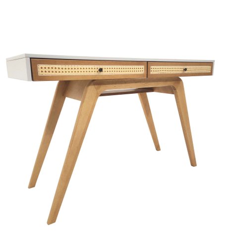 Escrivaninha Penteadeira Ricco 120 Cm Laca com Madeirado 2 Gavetas Palhinha Off White