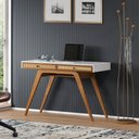 Ver imagem 4 de Escrivaninha Penteadeira Ricco 120 Cm Laca com Madeirado 2 Gavetas Palhinha Off White