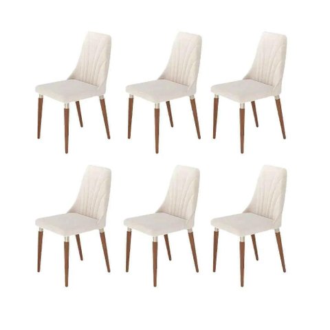 Kit de 6 Cadeiras de Madeira Maciça Estofada Lara - Natural C/ Linho Off White - Champanhe