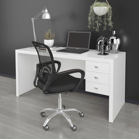 Conjunto 2 Peças com Escrivaninha 3 Gavetas com Cadeira de Escritório Diretor Tela Mesh Branco