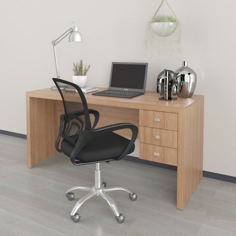 Conjunto 2 Peças com Escrivaninha 3 Gavetas com Cadeira de Escritório Diretor Tela Mesh Amendoa