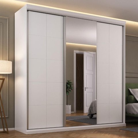 Guarda Roupa Casal 2,19m 3 Portas de Correr C/ Espelho Mdf Cor:branco