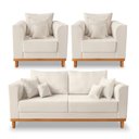 Ver imagem 1 de Kit Sofá 3 Lugares e 2 Poltronas Beny Viena com Almofadas Decorativa Linho Bege - Madeira Prima Decc