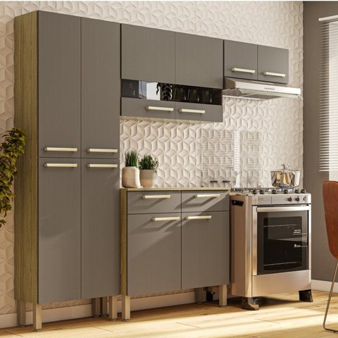 Cozinha Compacta 4 Peças Balcão 9cm 2 Gavetas Nala Freijó/Gris