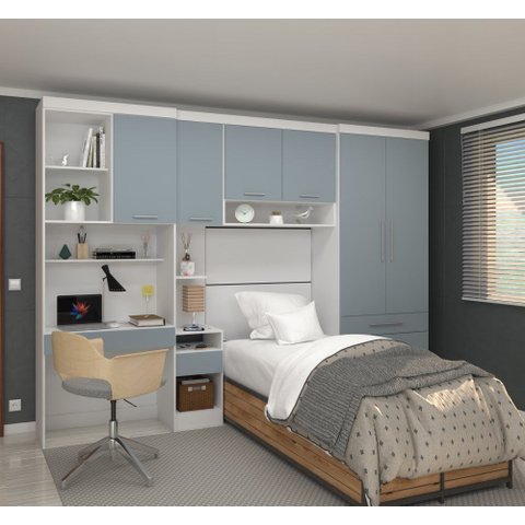 Guarda Roupa Dormitório Modulado Alpes Solteiro Bancada de Estudo - Roupeiro Luciane M05:azul