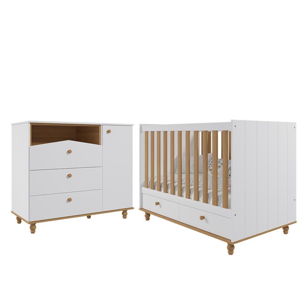 Jogo de Quarto Infantil Cômoda Casinha 1 Porta e Berço Americano Candy Branco/nature - Permóbili