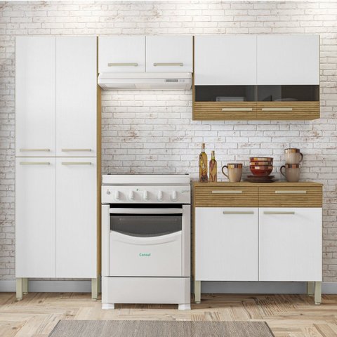 Cozinha Compacta 4 Peças Balcão 9cm 2 Gavetas Nala Freijó/Supremo/Cp-Ripado Freijó