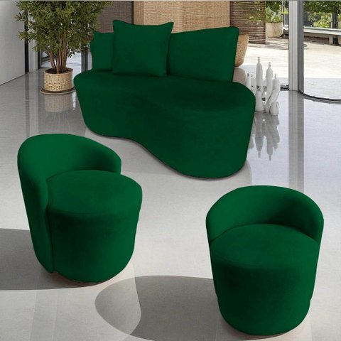 Kit Namoradeira + 2 Poltronas Yara Orgânica Bouclé Verde