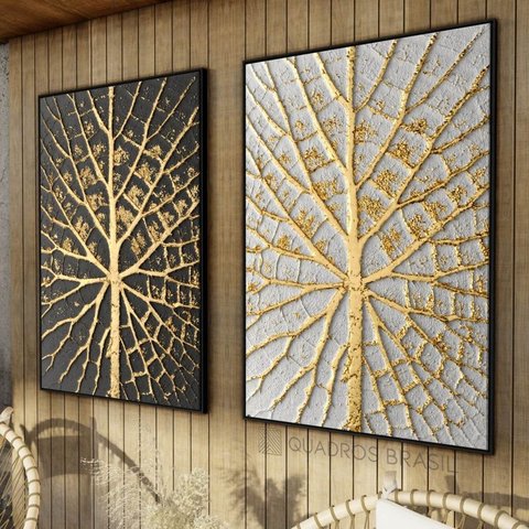 Quadro Folhas Douradas Duo Moderno Positive Negative