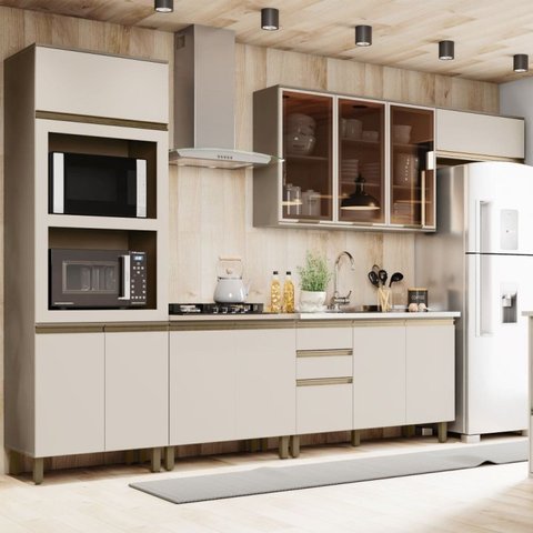Cozinha Completa Modulada 5 Peças para Forno e Cooktop 12 Portas Aurora Espresso Móveis Bege/Duna/Cristal