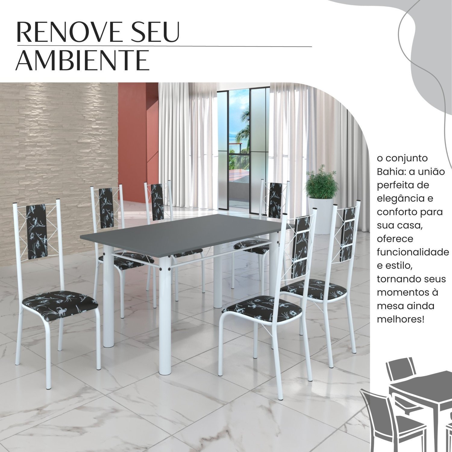 Conjunto Sala de Jantar Bahia Mesa Tubo 140x75cm Tampo Pedra com 6 Cadeiras - 6