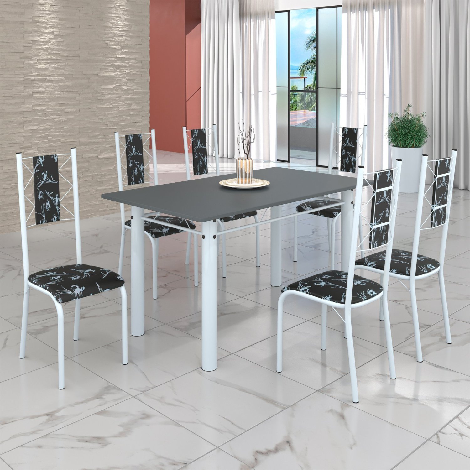 Conjunto Sala de Jantar Bahia Mesa Tubo 140x75cm Tampo Pedra com 6 Cadeiras - 1