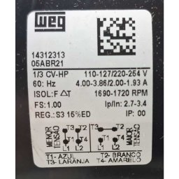 Motor Weg 1/3 Cv-hp Bivolt 1690-1720rpm P/ Moedor Malta - 2