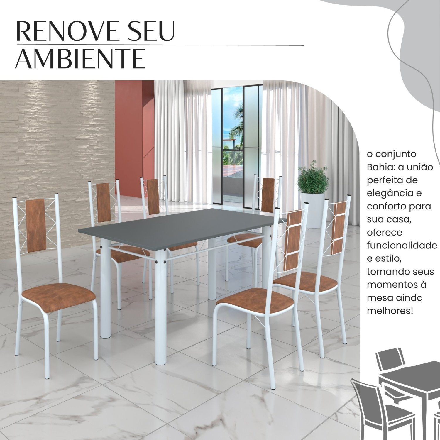 Conjunto Sala de Jantar Bahia Mesa Tubo 140x75cm Tampo Pedra com 6 Cadeiras - 6