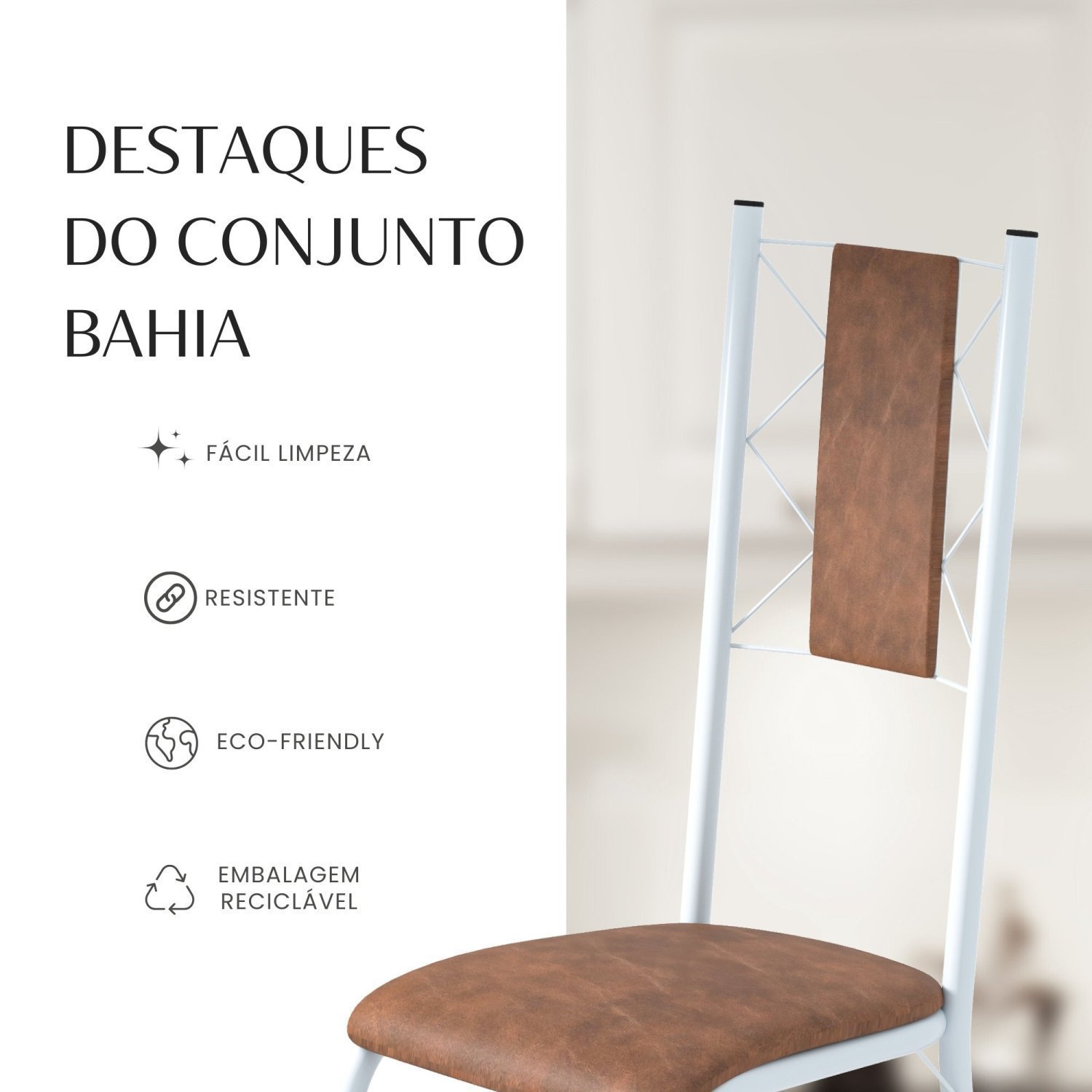 Conjunto Sala de Jantar Bahia Mesa Tubo 140x75cm Tampo Pedra com 6 Cadeiras - 9