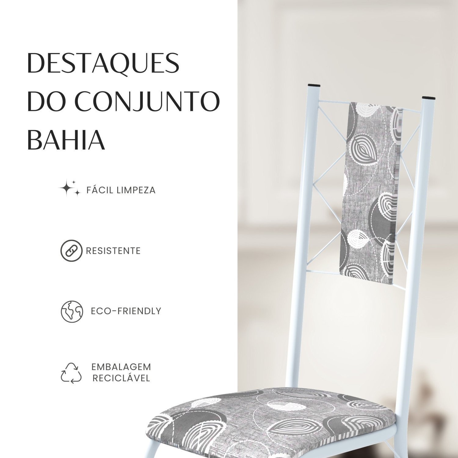 Conjunto Sala de Jantar Bahia Mesa Tubo 140x75cm Tampo Pedra com 6 Cadeiras - 9