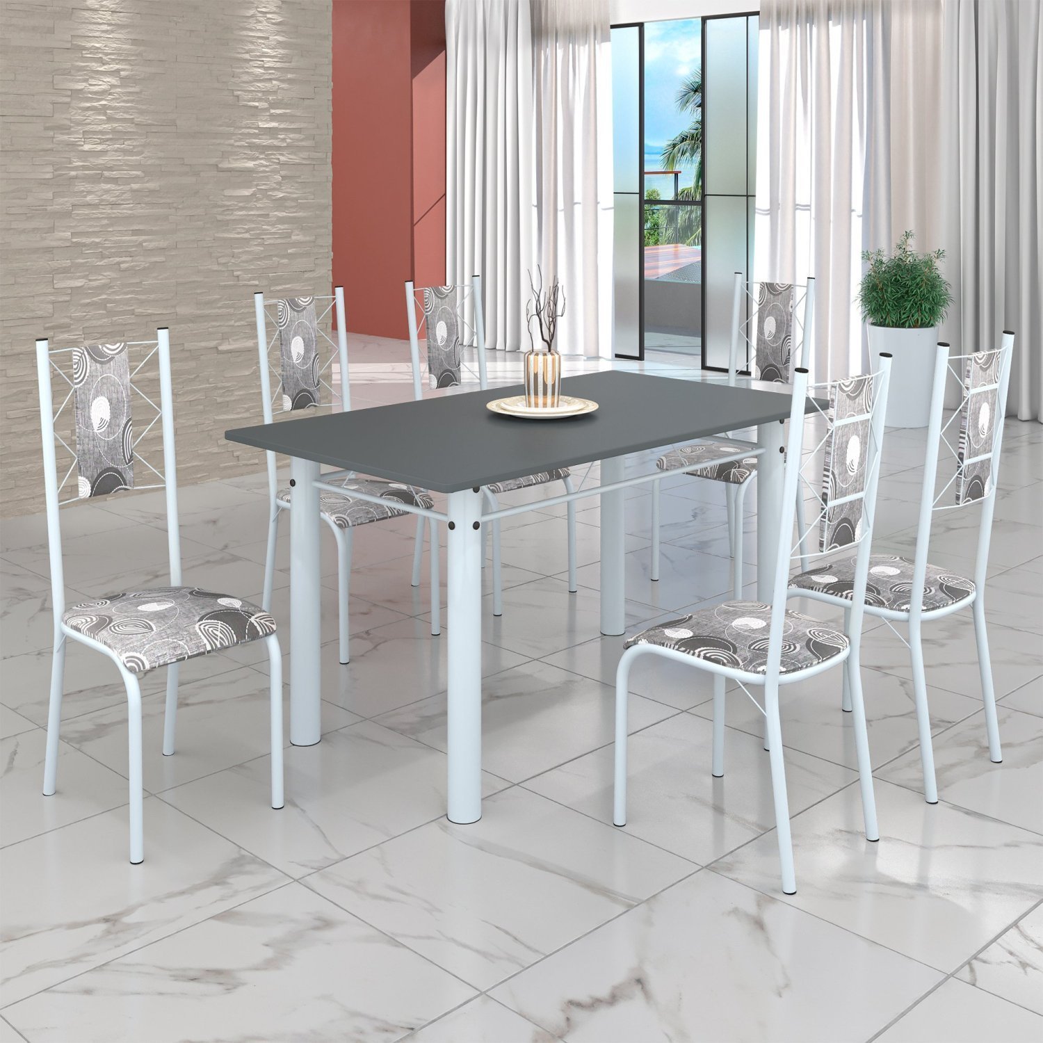 Conjunto Sala de Jantar Bahia Mesa Tubo 140x75cm Tampo Pedra com 6 Cadeiras - 1