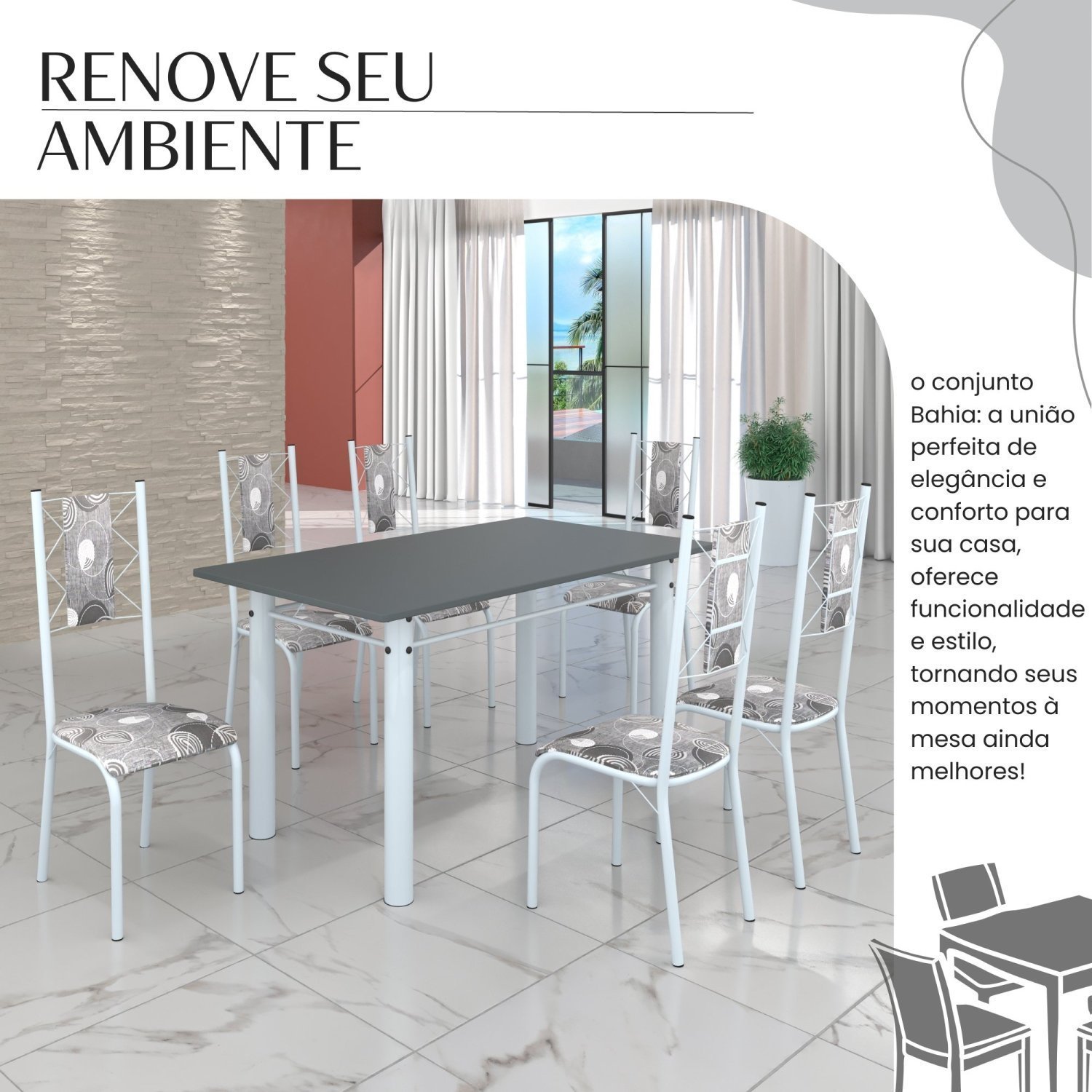 Conjunto Sala de Jantar Bahia Mesa Tubo 140x75cm Tampo Pedra com 6 Cadeiras - 6