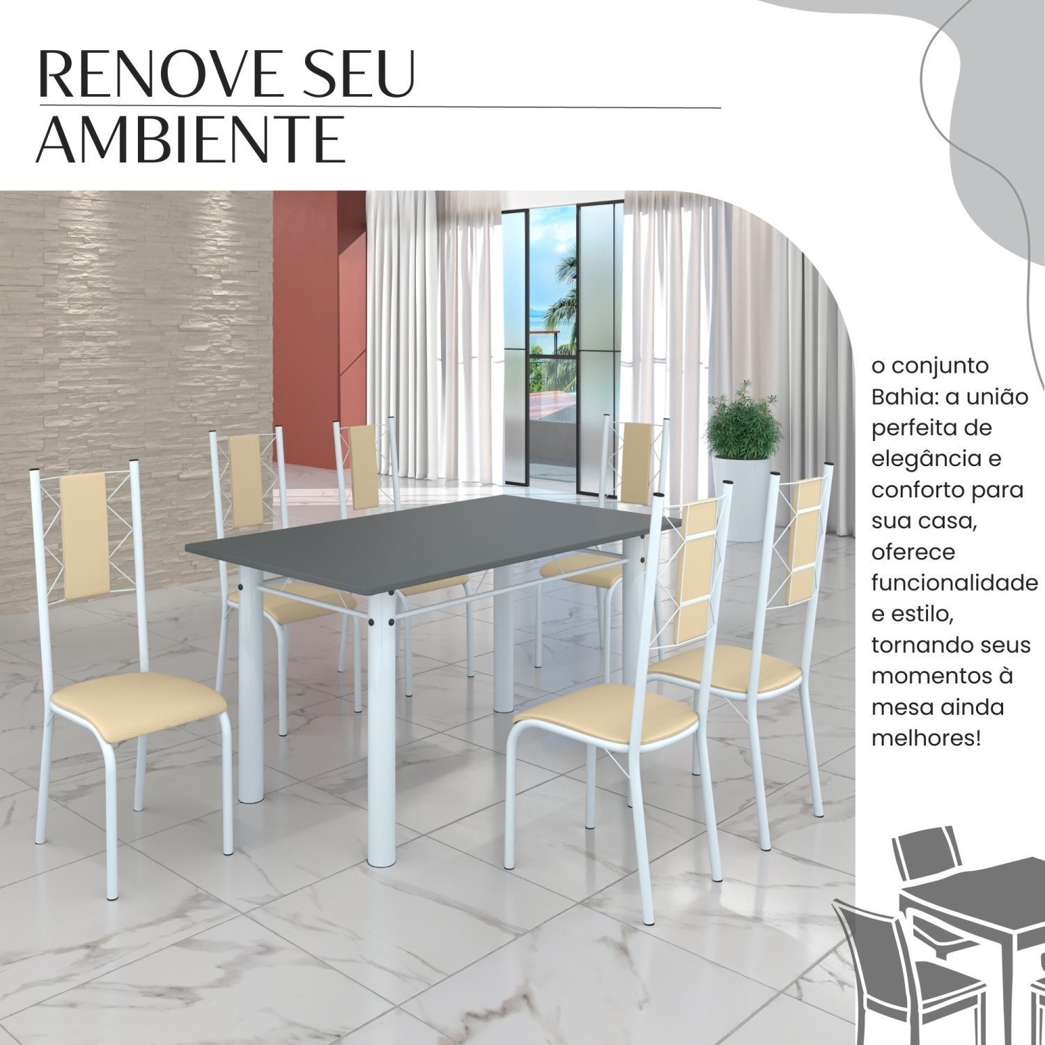 Conjunto Sala de Jantar Bahia Mesa Tubo 140x75cm Tampo Pedra com 6 Cadeiras - 6